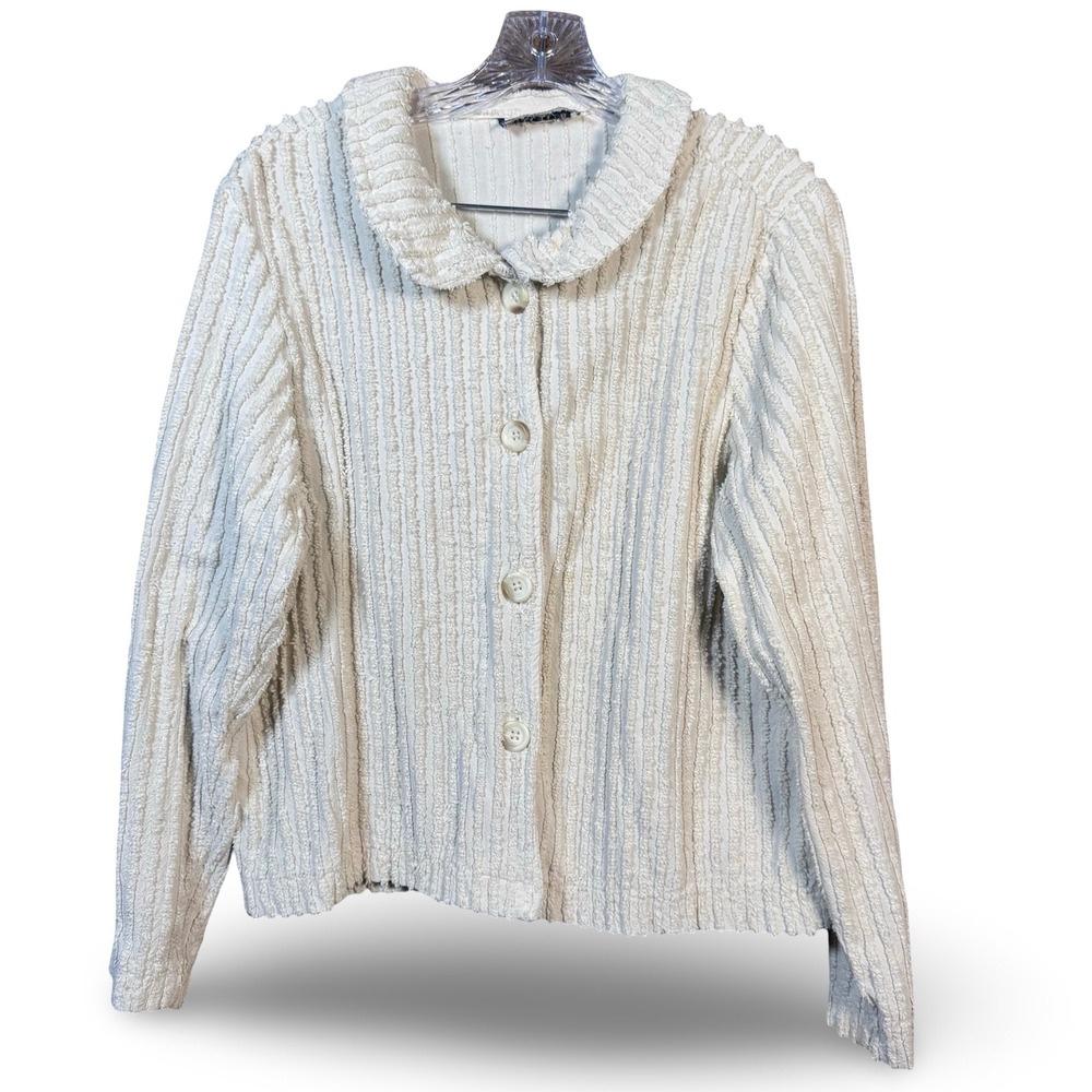 Vtg Textured Chenille Cardigan Jacket Cream‎ Off White Peter Pan Collar Size M